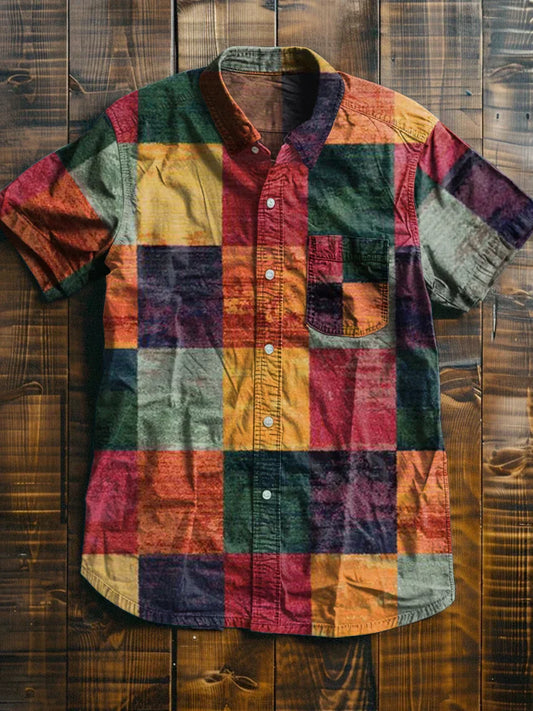 Multicolor Splicing Art Vintage Print Casual 100% Cotton Shirt