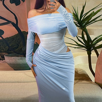 Make you the focus of the party，Plain Off Shoulder Ruched Sheer Mesh Dress, Elegant Long Sleeve Long Dress for Party Banquet👑