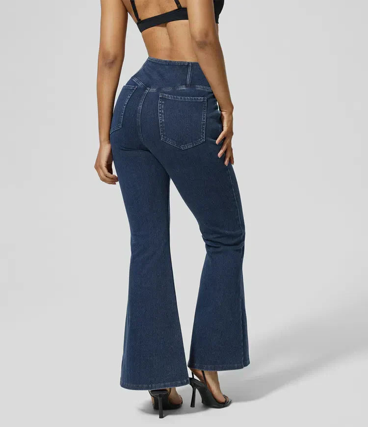 Stretchy Denim High Waisted Crossover Flare Pants