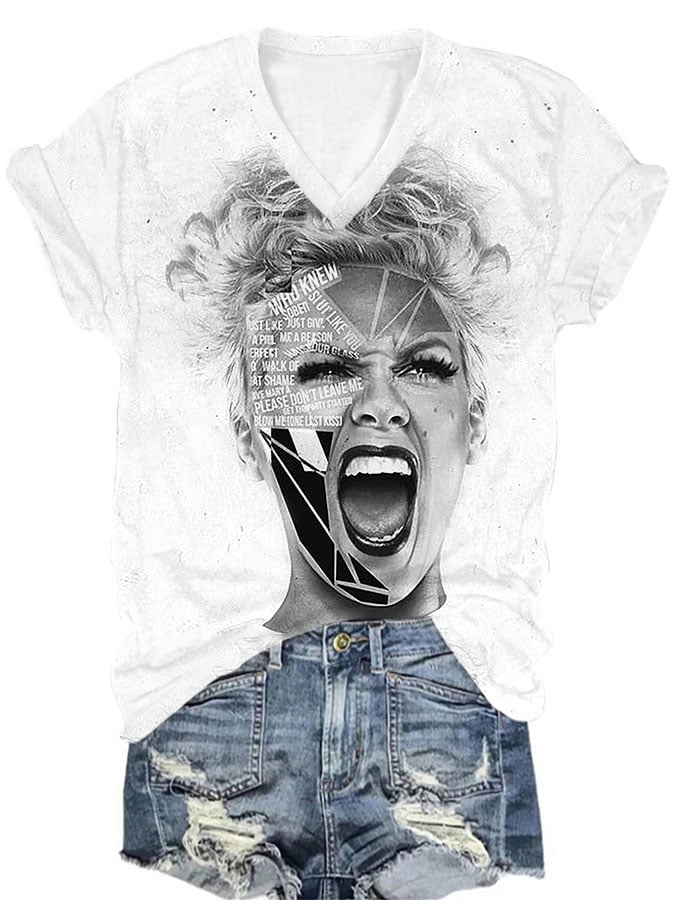 Women's Diva Concert Print Casual V-Neck T-Shirt