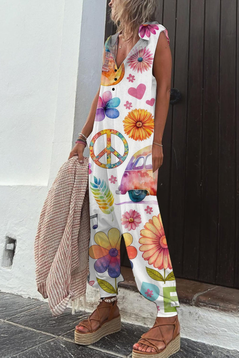 Women's Retro Hippie Printed Single-Breasted Sleeveless Hooded Jumpsuit