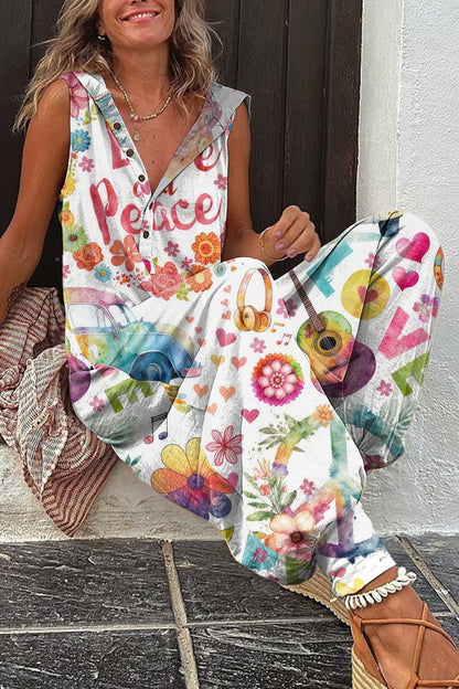 Women's Retro Hippie Printed Single-Breasted Sleeveless Hooded Jumpsuit