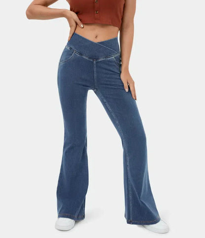 Stretchy Denim High Waisted Crossover Flare Pants