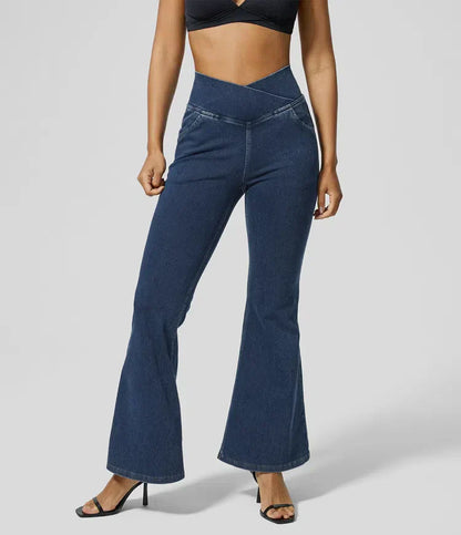 Stretchy Denim High Waisted Crossover Flare Pants