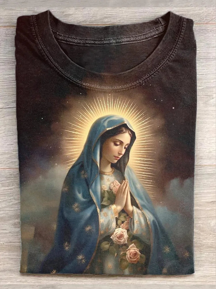 Unisex Vintage Virgin Mary Art Painting Printed Casual Short Sleeve T-Shirt