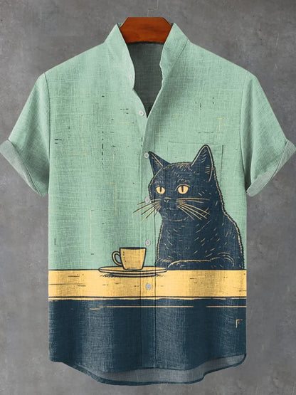 Cat Chilling with Coffee Vintage Print Casual 100% Cotton Shirt