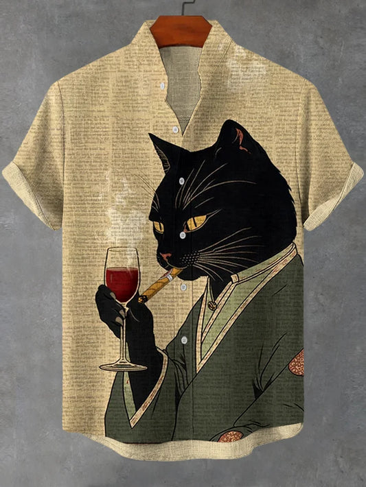 Men's Cats Smoke And Drink Red Wine Print Linen Blend Shirt