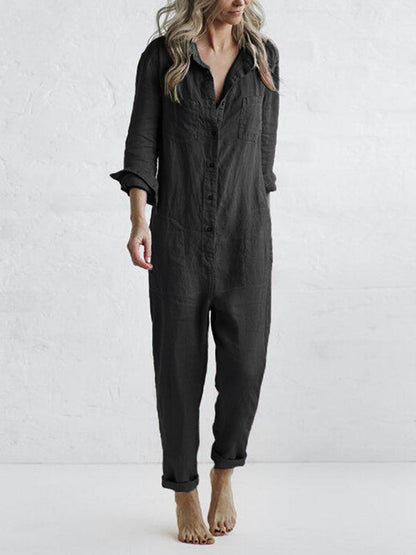 Button Up Casual Lapel Pocket Long Sleeve Jumpsuit