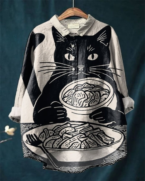 Unique Kimchi Cat Art Cotton And Linen Casual Shirt