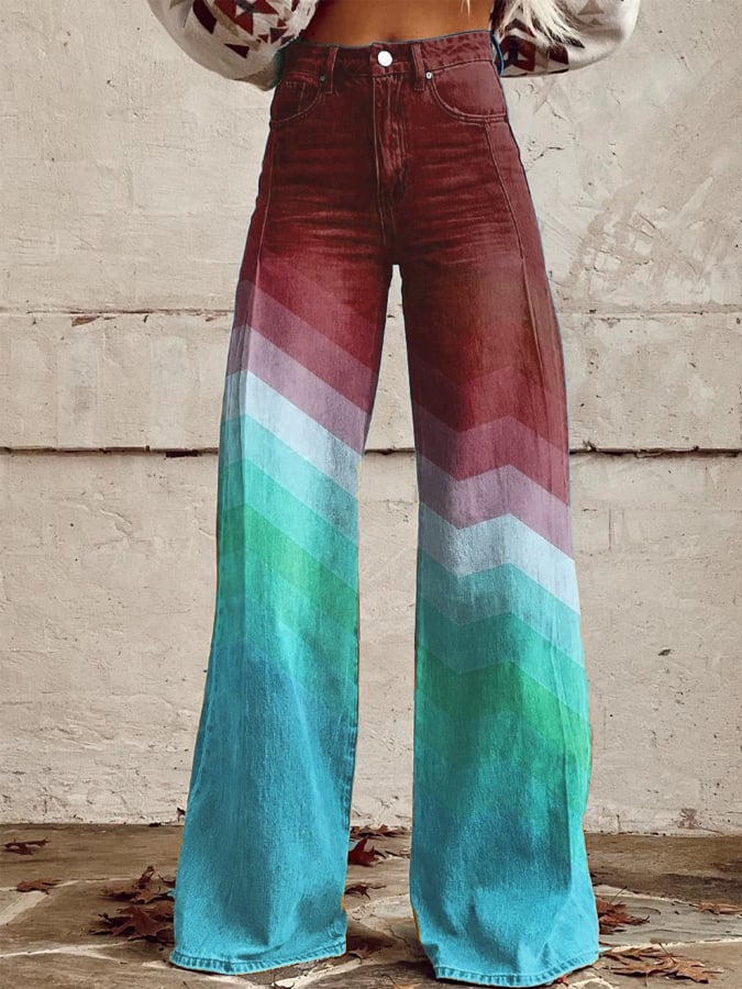 Women's Orange And Blue Stripes Print Casual Wide Leg Pants