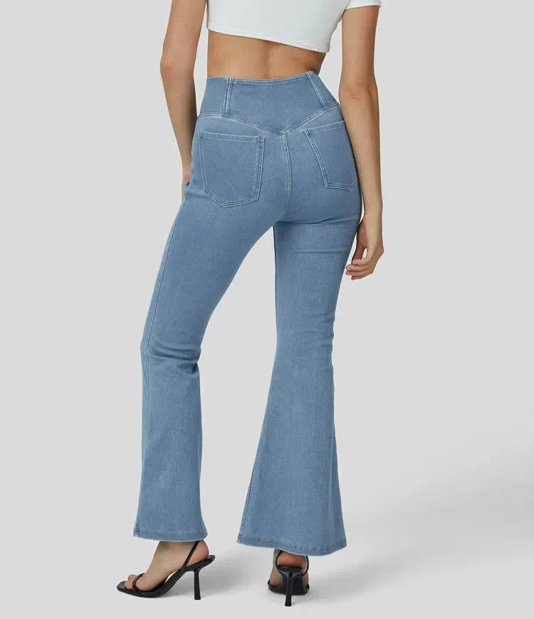 Stretchy Denim High Waisted Crossover Flare Pants