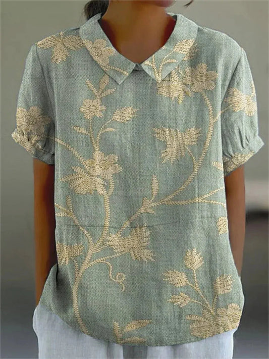 Women's Retro Floral Art Print Casual Cotton And Linen Shirt