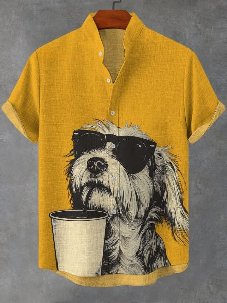 Men's Coffee Glasses Dog Print Cotton And Linen V-Neck T-Shirt