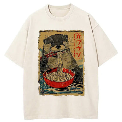 Unisex 100% Cotton Otter Eating Ramen Japan Print Acid Washed T-shirt