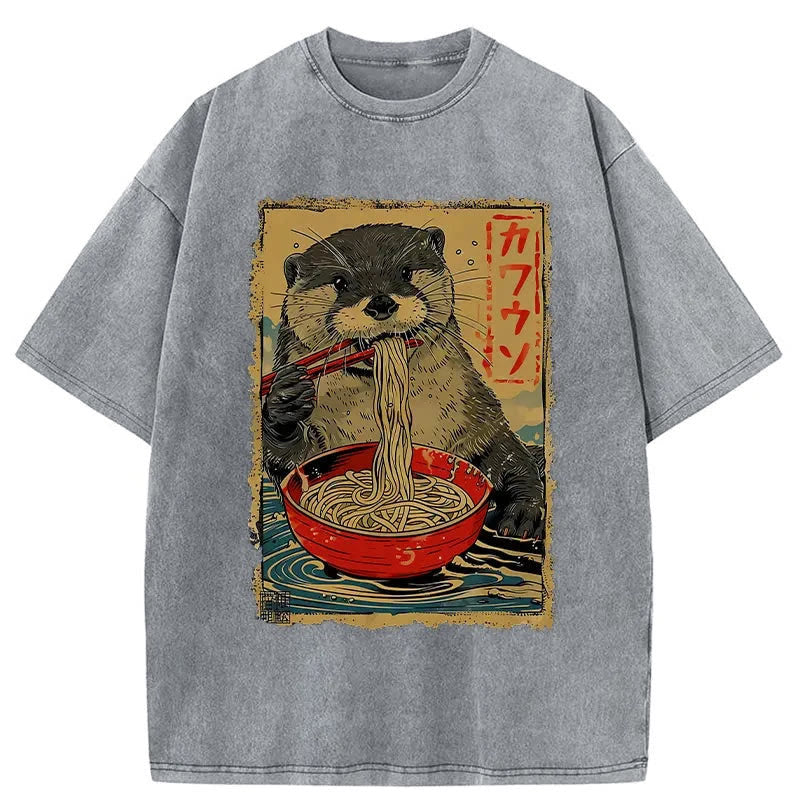 Unisex 100% Cotton Otter Eating Ramen Japan Print Acid Washed T-shirt