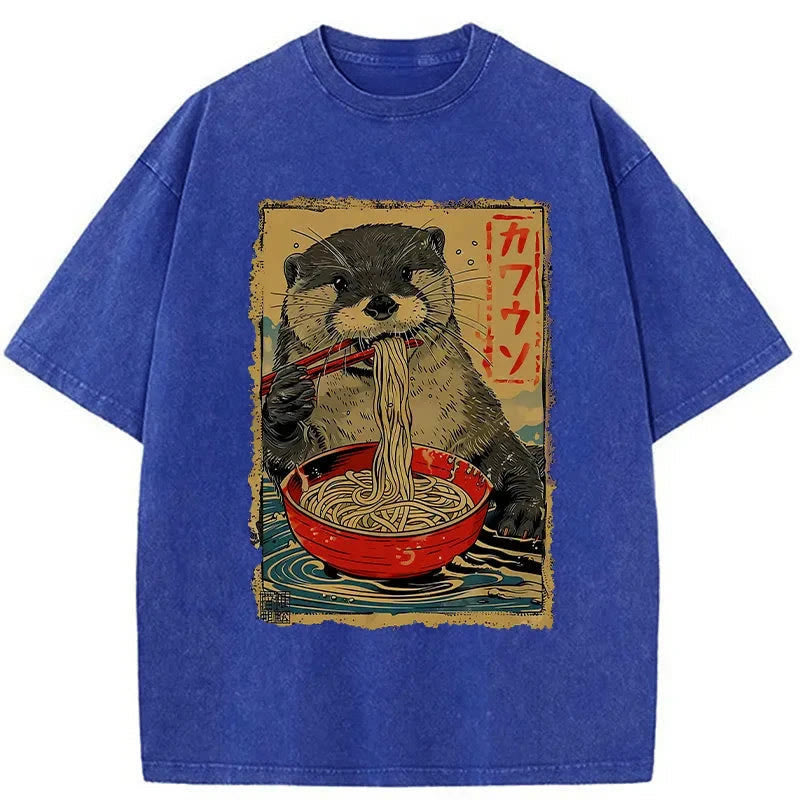 Unisex 100% Cotton Otter Eating Ramen Japan Print Acid Washed T-shirt