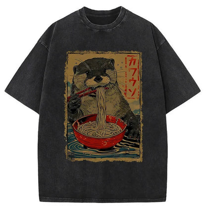 Unisex 100% Cotton Otter Eating Ramen Japan Print Acid Washed T-shirt