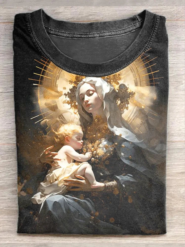 Unisex Vintage Virgin Mary Art Painting Printed Casual Short Sleeve T-Shirt