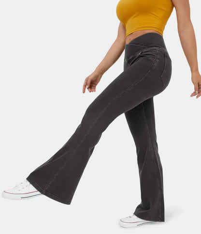 Stretchy Denim High Waisted Crossover Flare Pants