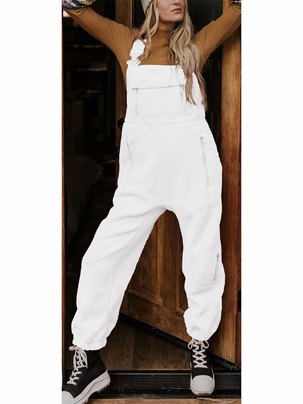 Women's Fleece Thermal Overalls With Zippered Pockets