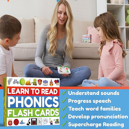 Phonics Flash Cards - Learn to Read in 20 Stages - Digraphs CVC Blends Long Vowel Sounds