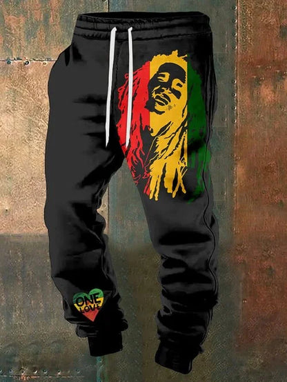 Reggae Print Elastic Waist Tie-Up Sweatpants