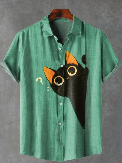 Cute Question Mark Black Cat Vintage Print Casual 100% Cotton Shirt