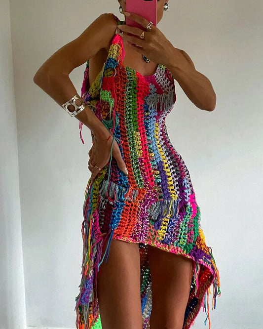 Rainbow Braided Fringed Mini Dress