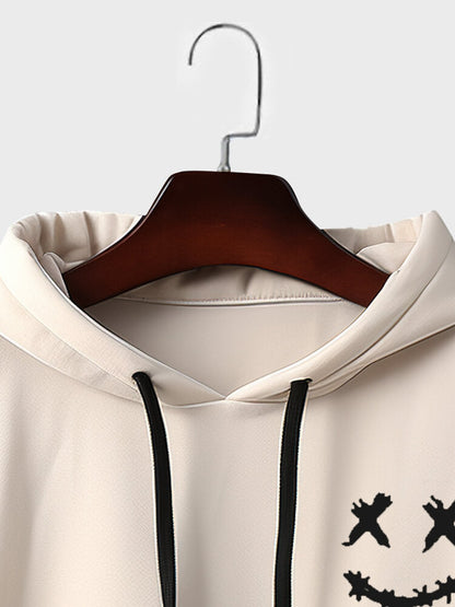 Men's Smile Face Print Patchwork Slant Pocket Drawstring Hoodies