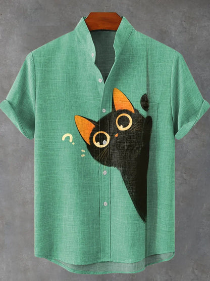 Cute Question Mark Black Cat Vintage Print Casual 100% Cotton Shirt