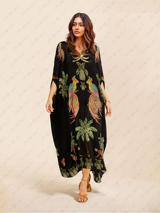 Unique Drop Shoulder Sleeve Coconut Tree Printed Dress