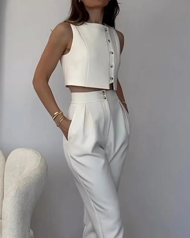 Sleeveless Solid Color Two-Piece Set