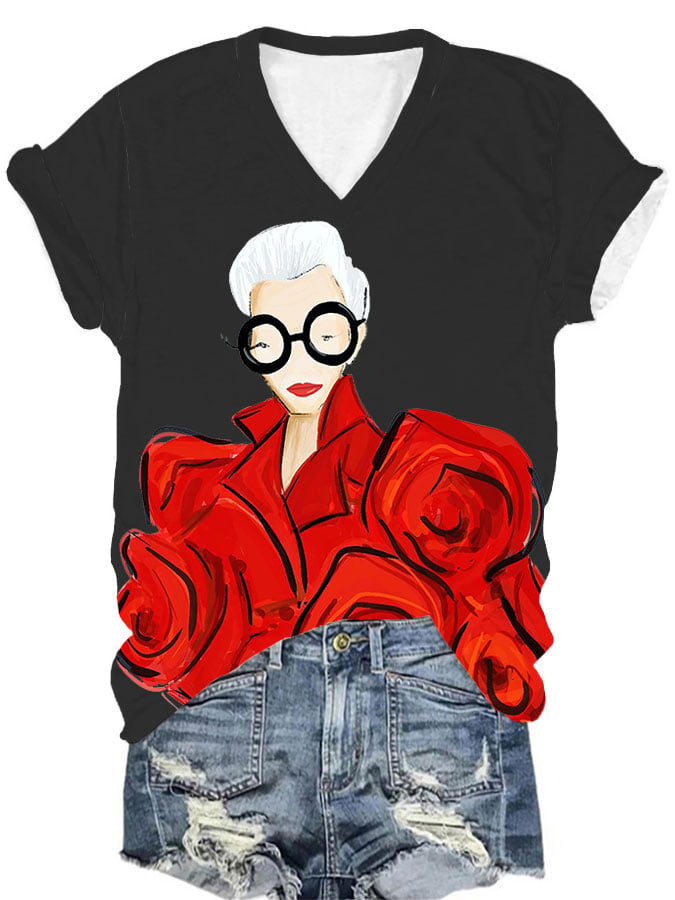 Women's Iris Apfel Print V-Neck T-Shirt