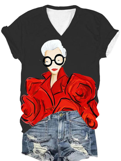 Women's Iris Apfel Print V-Neck T-Shirt