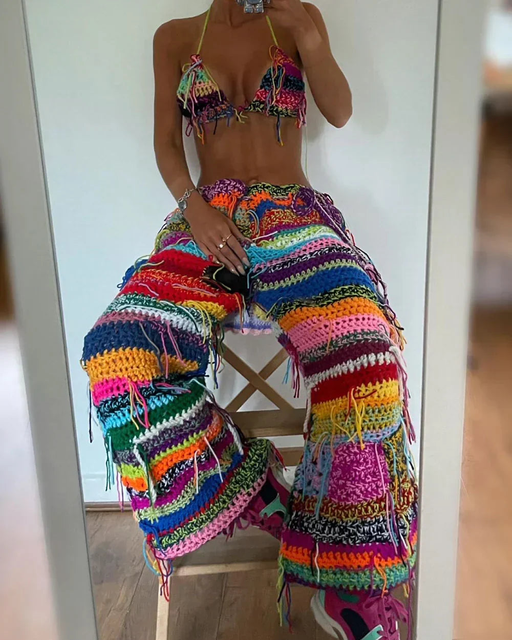 Rainbow Crochet Top and Pants Two-Piece Set