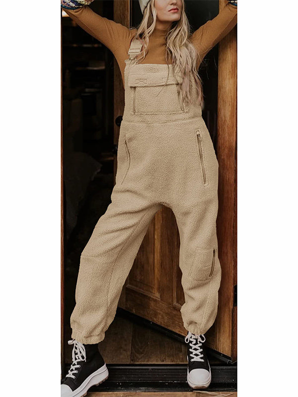 Women's Fleece Thermal Overalls With Zippered Pockets