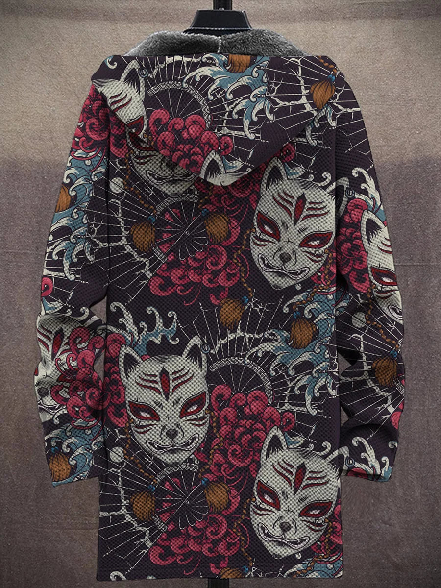 Men's Japanese Style Vintage Print Hooded Two-Pocket Fleece Jacket