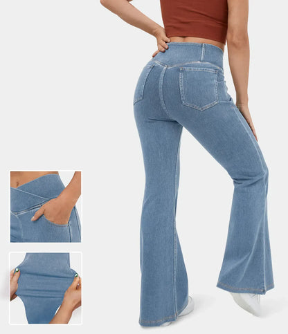 Stretchy Denim High Waisted Crossover Flare Pants