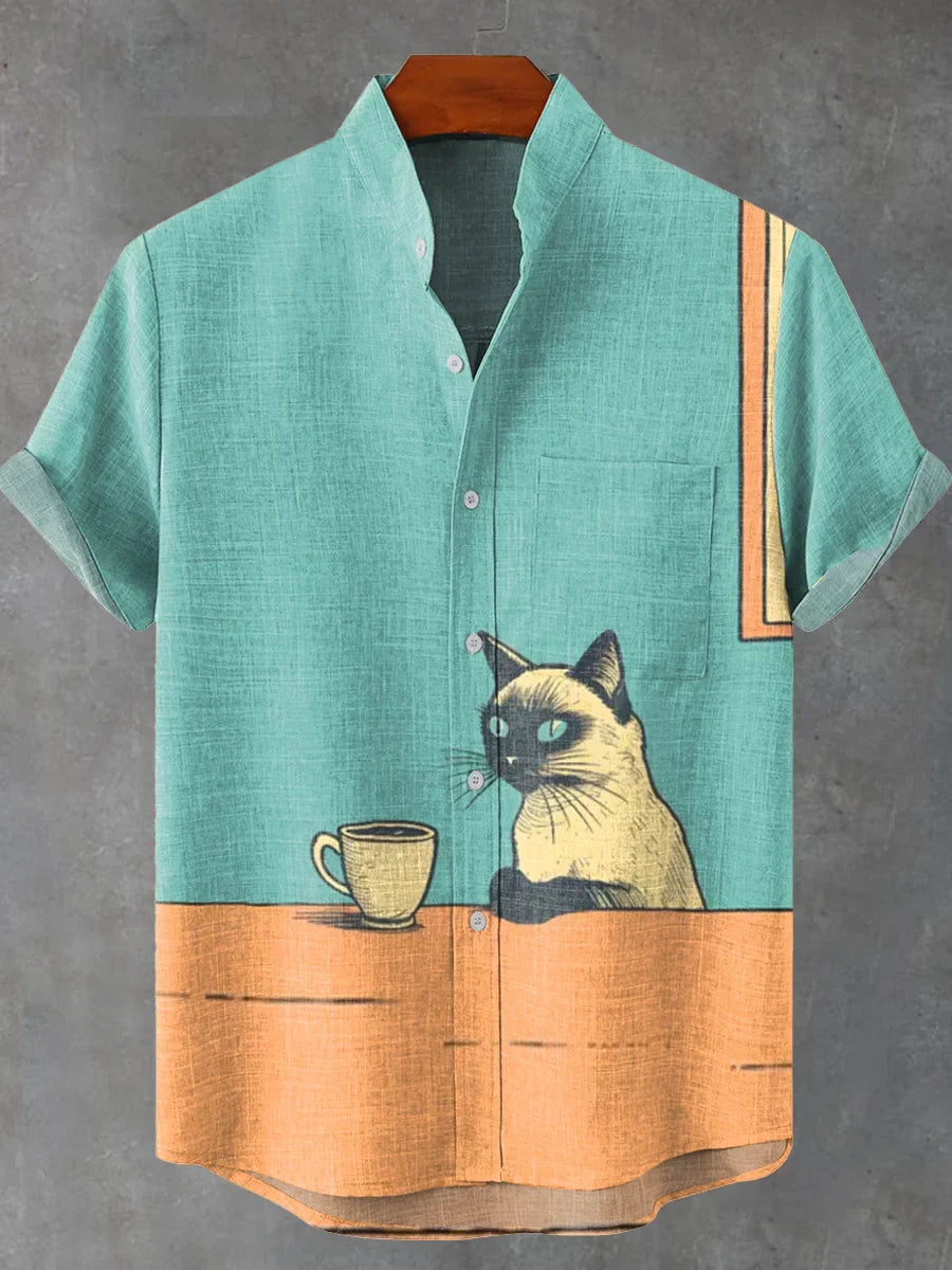 Cat Chilling with Coffee Vintage Print Casual 100% Cotton Shirt