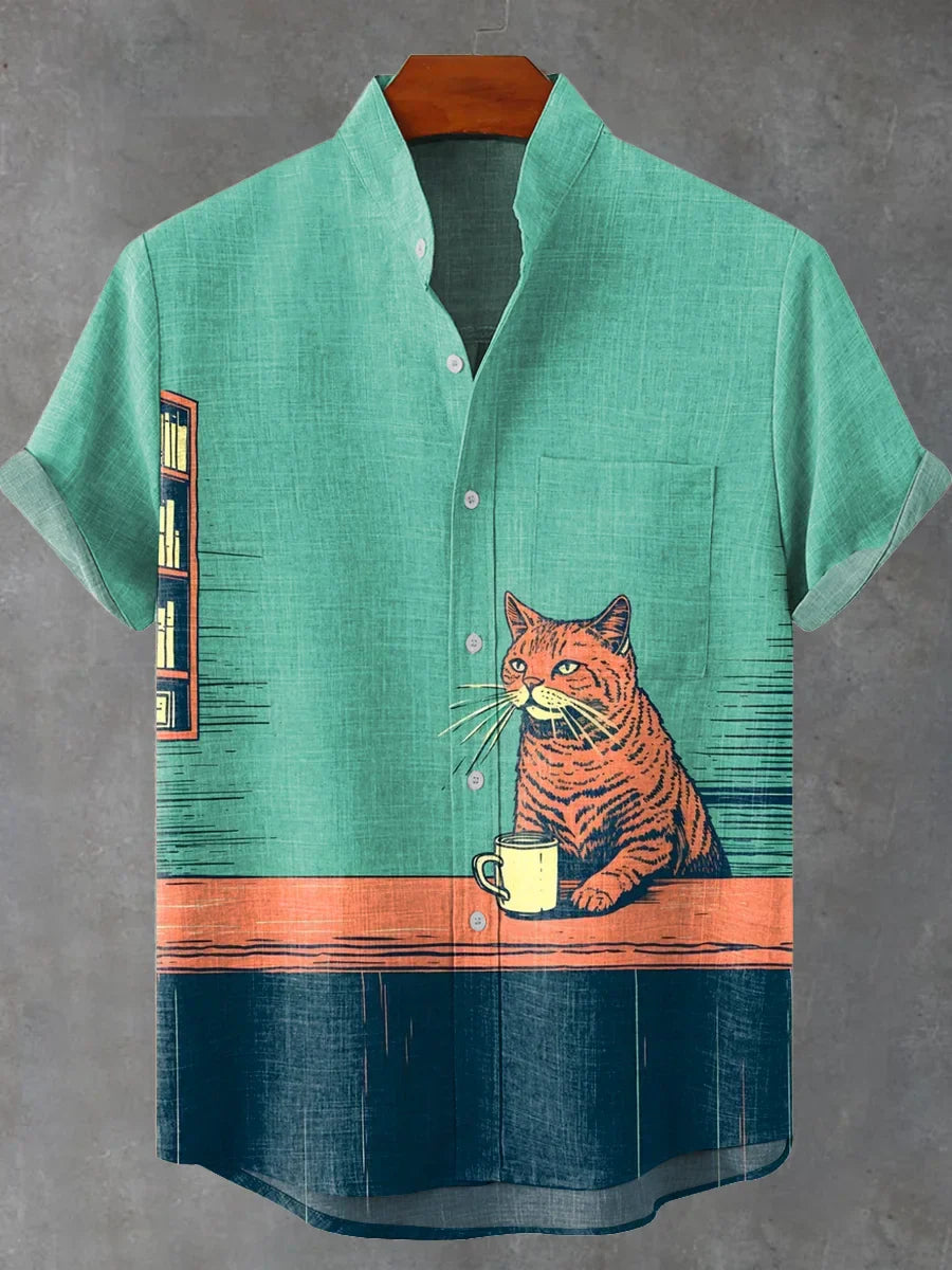 Cat Chilling with Coffee Vintage Print Casual 100% Cotton Shirt