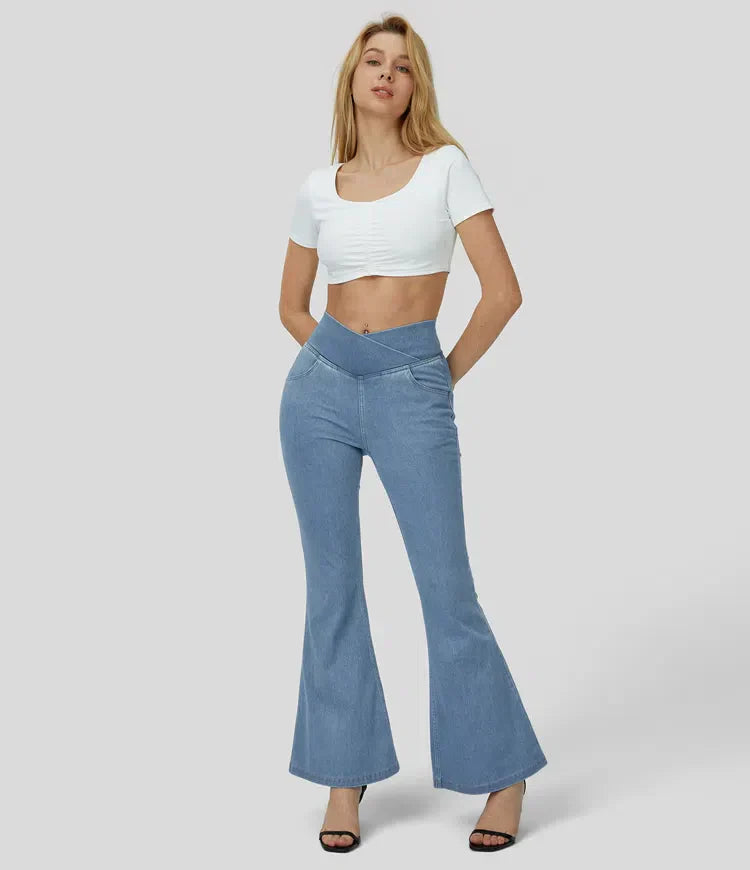 Stretchy Denim High Waisted Crossover Flare Pants