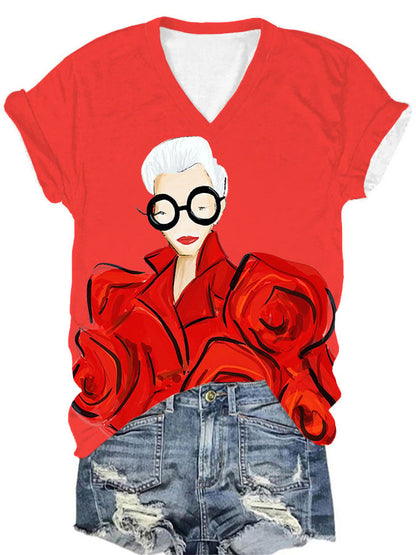 Women's Iris Apfel Print V-Neck T-Shirt