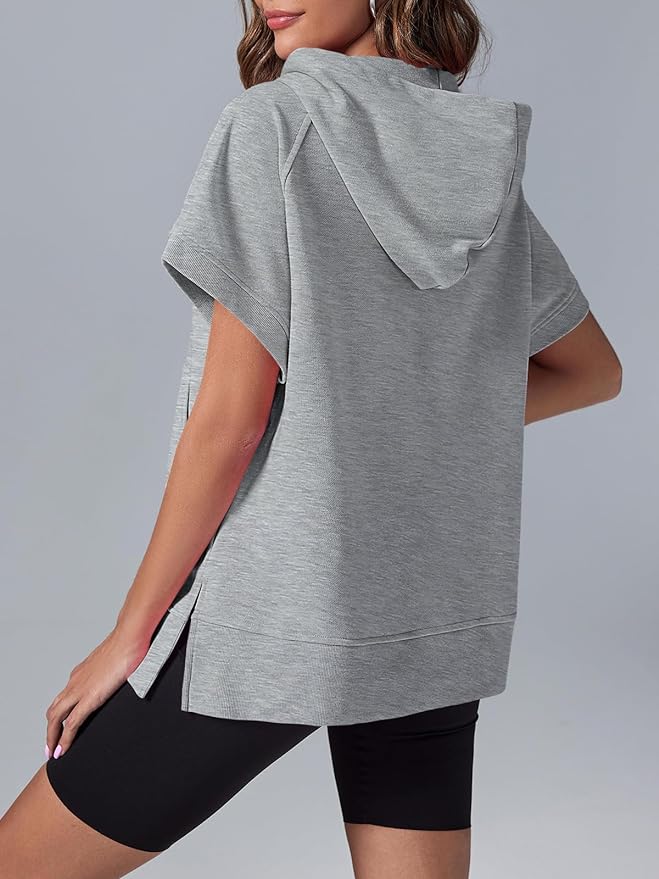 Oversized Casual Half Zip Short Sleeve Pullover Tops with Pockets