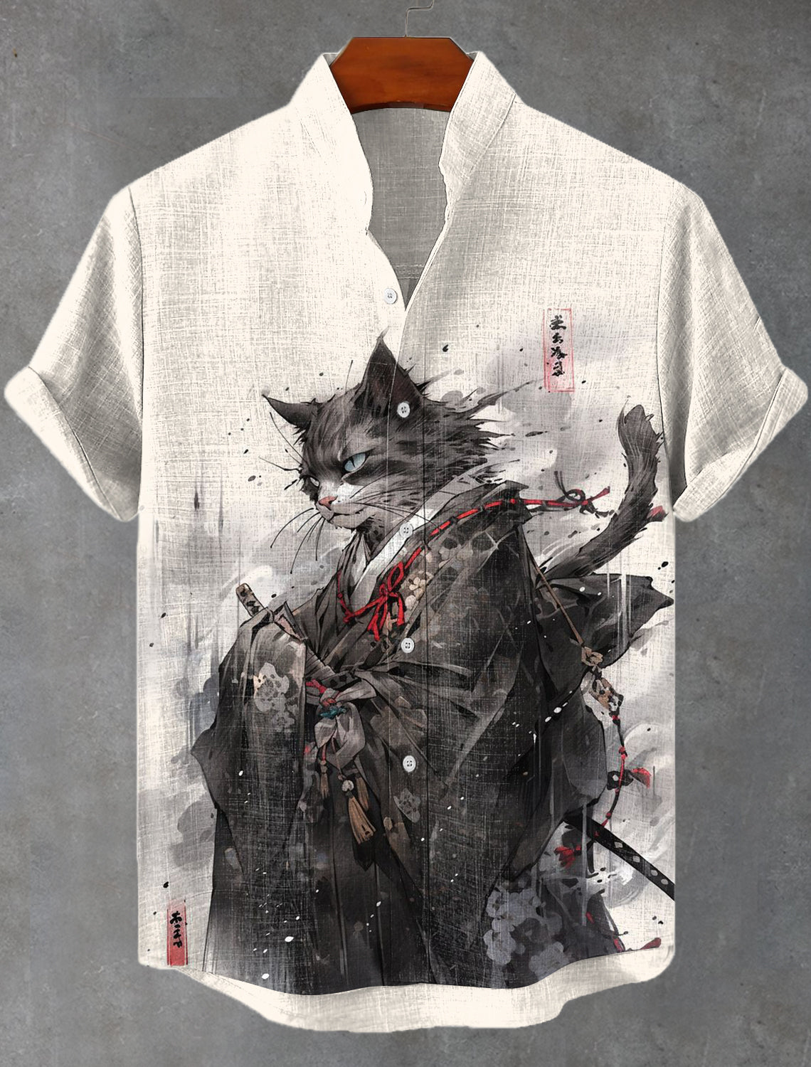 Men's Japan Cat Kimono Samurai Ink Art Linen Blend Print Shirt