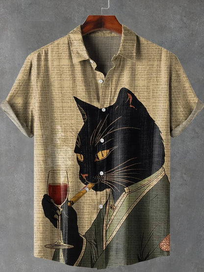 Men's Cats Smoke And Drink Red Wine Print Linen Blend Shirt