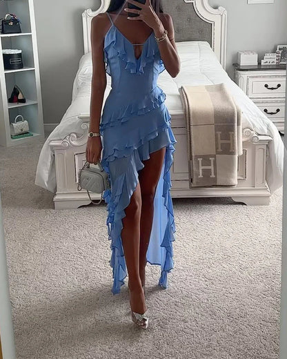 Strap Ruffled Solid Color Dress