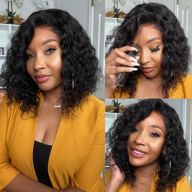 Water Wave 7x5 Bye Bye Knots Pre-cut Glueless Lace Closure Wear Go Wig Short Bob Virgin Human Hair