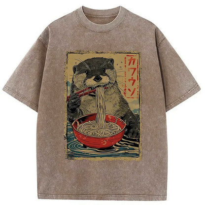 Unisex 100% Cotton Otter Eating Ramen Japan Print Acid Washed T-shirt