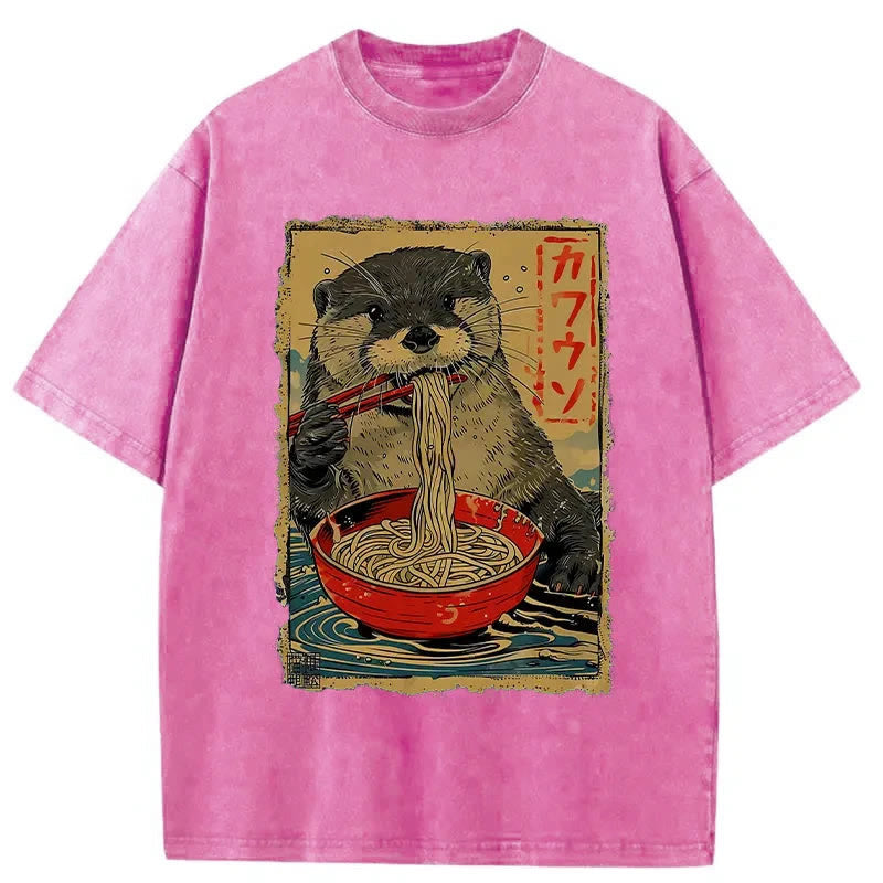 Unisex 100% Cotton Otter Eating Ramen Japan Print Acid Washed T-shirt