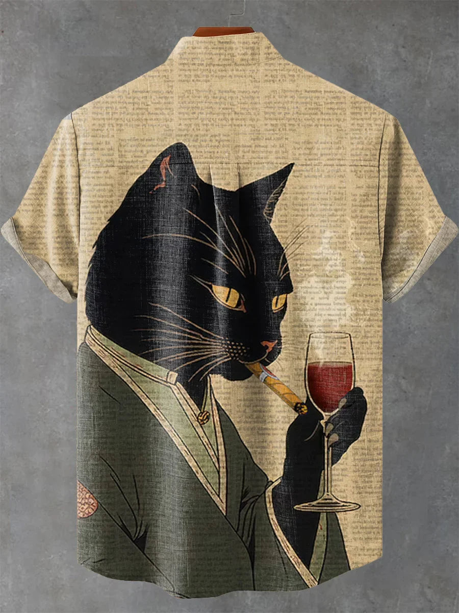 Men's Cats Smoke And Drink Red Wine Print Linen Blend Shirt